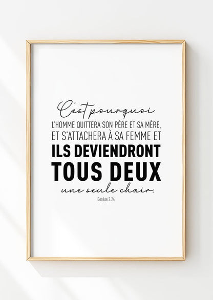 Affiche chrétienne du verset de la bible Genèse 2:24 dans un cadre en bois
