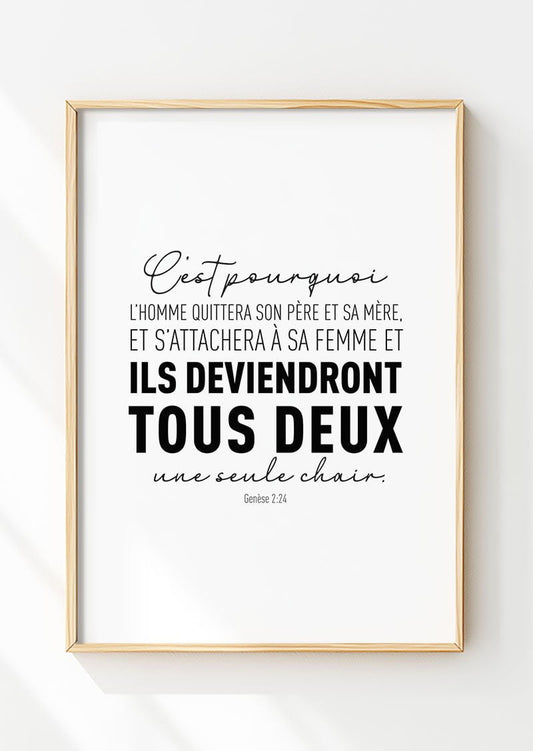 Affiche chrétienne du verset de la bible Genèse 2:24 dans un cadre en bois