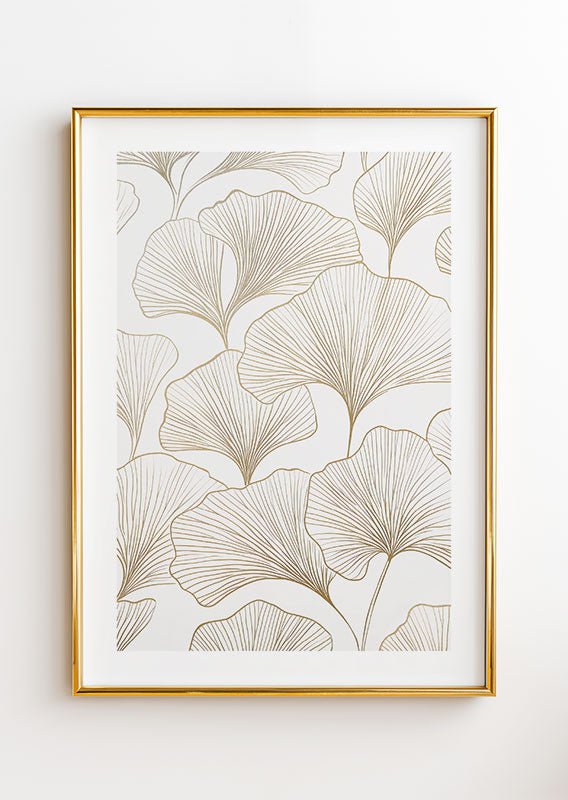 Poster mural minimaliste  d'une illustration au contour des feuilles de ginkgo or, dans un cadre or.