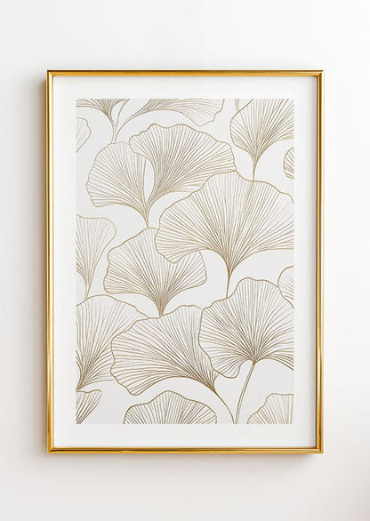 Poster mural minimaliste  d'une illustration au contour des feuilles de ginkgo or, dans un cadre or.