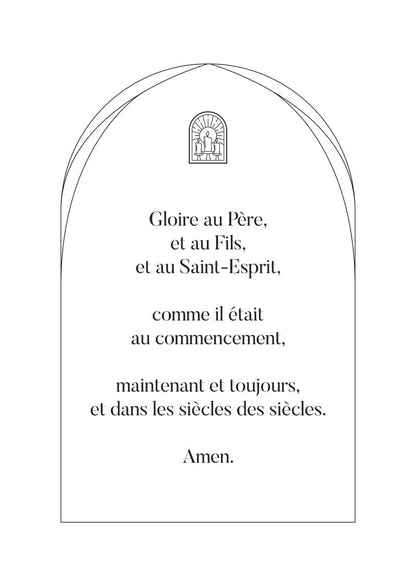 Affiche chrétienne de la prière "gloire au père" écrite au centre d'une voute avec une vignette symbolique 