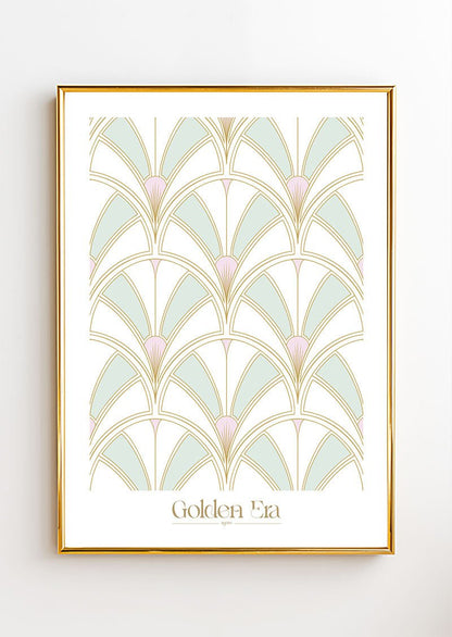 Poster Art Déco 1930 d'un pattern symétrique au contour doré, dans un cadre or