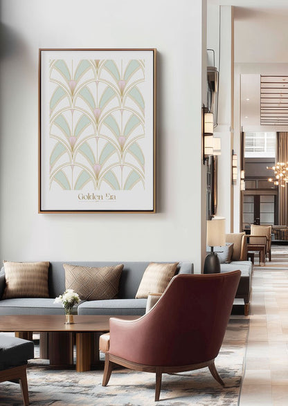 Poster Art Deco géométrique dans un cadre exposée dans un hotel.