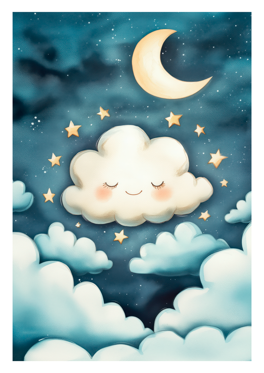 Affiche pour chambre bébé de nuages dans la nuit étoilée, avec une lune.