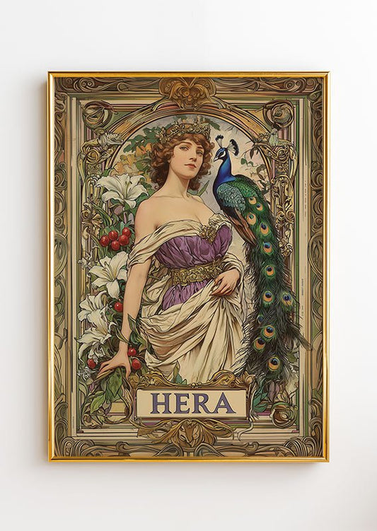 Affiche art déco 1930 du portrait d'Hera dans le style d'alfons Mucha dans un cadre or.