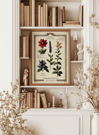 planche botanique ancienne Herbarium encadrée dans une décoration cabinet de curiosités.
