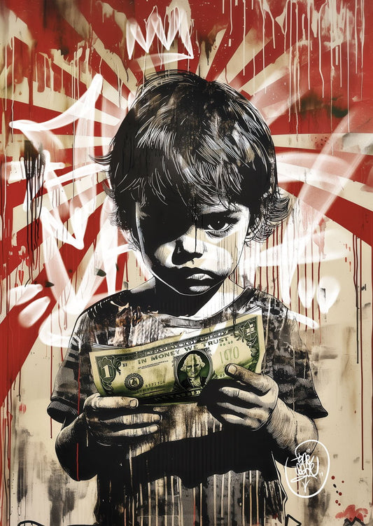 Affiche Street Art d'un enfant tenant un billet avec graffiti en arrière plan.