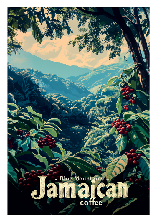 Affiche cuisine illustrée des "blue mountains" en Jamaïque, avec un texte court.