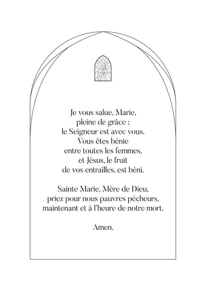 Affiche chrétienne de la prière "je vous salue marie" en typo noir sur fond blanc, avec une voute et un médaillon