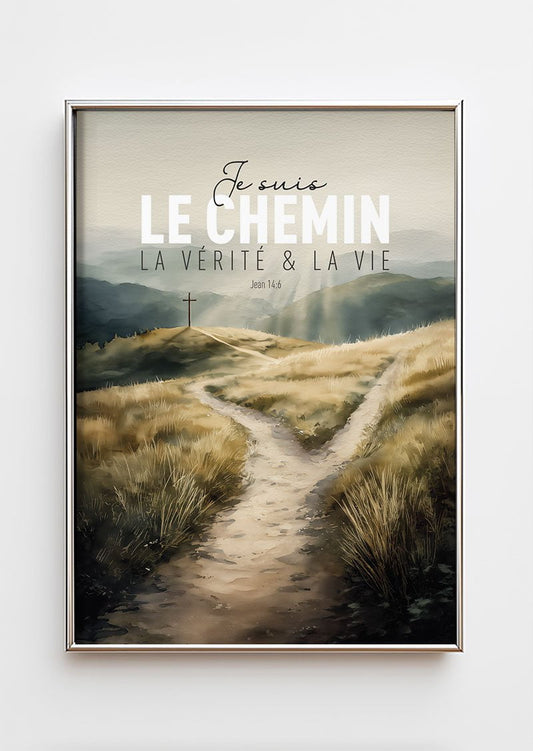 Affiche chrétienne d'une illustration à la tablette d'un chemin vers la croix, dans un cadre chrome