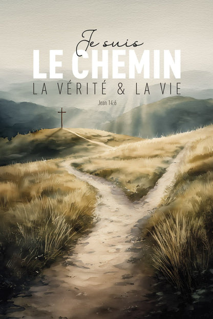 Poster peinture digitale d'un chemin séparé en deux, l'un menant à la croix en format 40x60 cm