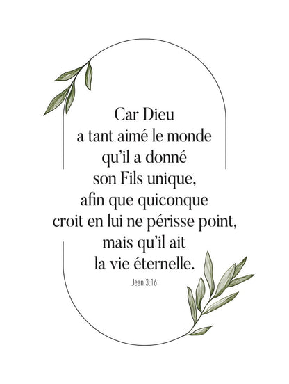 Format 30x40cm du poster chrétien "car Dieu a tant aimé le monde" entouré de branches d'olivier