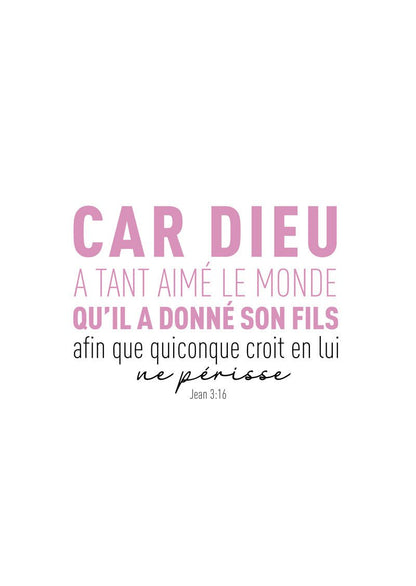 Affiche citation verset de la bible Jean 3:16 en typographie rose et noir sur fond blanc