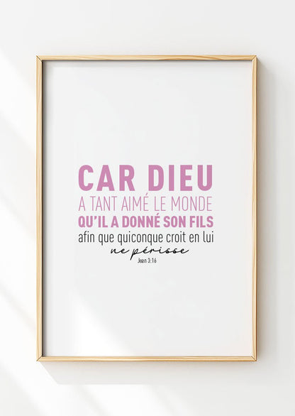 Affiche chrétienne verset Jean 3:16 version rose et noir dans un cadre en bois