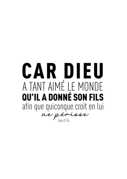 Affiche chrétienne verset de la bible Jean 3:16 en typographie noir sur blanc