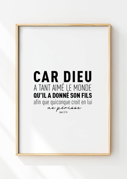 Affiche chrétienne verset Jean 3:16 dans un cadre en bois