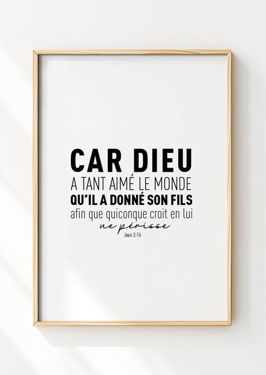 Affiche chrétienne verset Jean 3:16 dans un cadre en bois