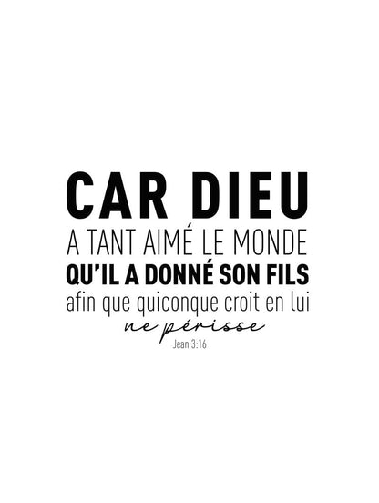 Poster chrétien "car dieu a tant aimé" noir sur blanc en format 30x40 cm