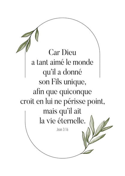 Affiche chrétienne du verset de jean 3:16 de la bible "car dieu a tant aimé le monde" avec des branches d'olivier