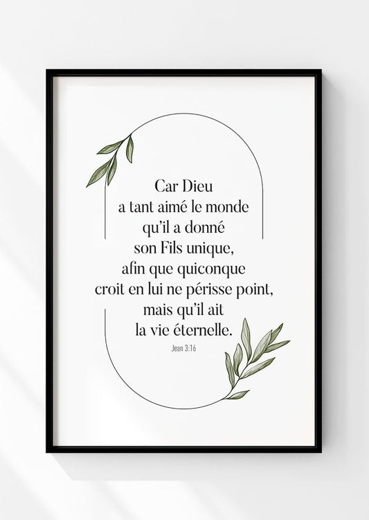 Affiche chrétienne du verset de jean 3:16 de la bible dans un cadre noir