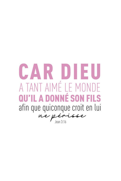 Affiche typographie bible Jean 3:16 en texte rose et noir format 40x60 cm