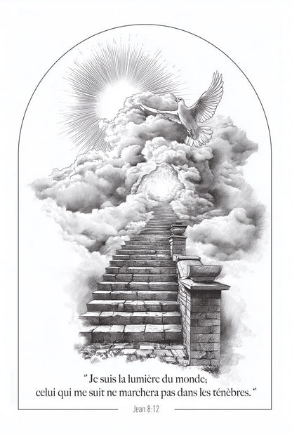 Affiche verset biblique Jean 8:12 représentant le chemin vers le paradis en format 40x60cm