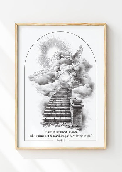 Affiche chrétienne d'un dessin à l'encre représentant le chemin vers le paradis, dans un cadre en bois