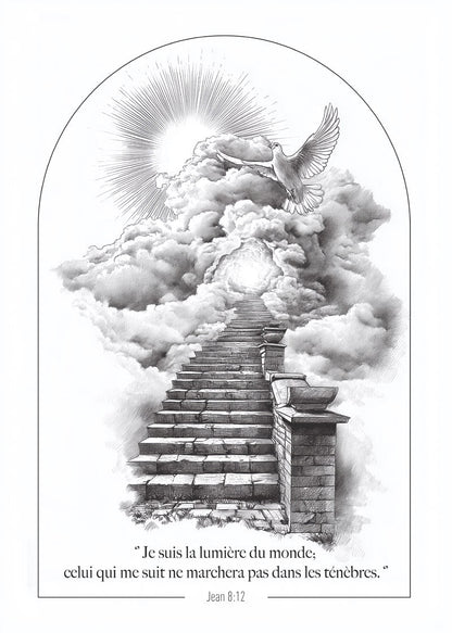 Affiche chrétienne illustrant des escaliers menant au paradis, avec une colombe, et le verset jean 8:12