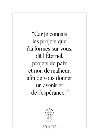 Affiche chrétienne d'une citation du Jérémie 29:11, en noir et blanc avec un petit symbole de croix.