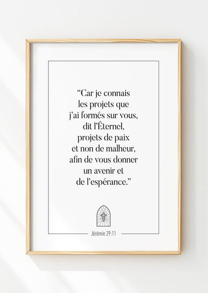 Affiche chrétienne d'un verset de la bible en noir et blanc dans un cadre. Le Jérémie 29:11.