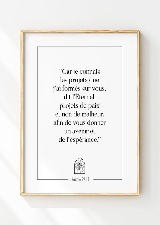 Affiche chrétienne d'un verset de la bible en noir et blanc dans un cadre. Le Jérémie 29:11.