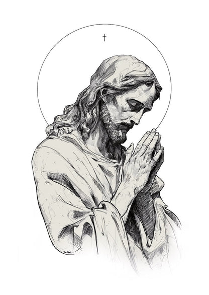 Affiche chrétienne illustration de jésus christ notre seigneur dieu en trait noir sur fond blanc