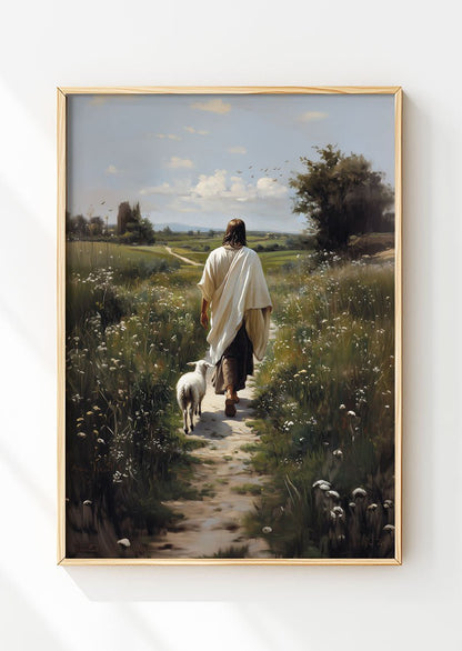 Affiche chrétienne jésus et l'agneau au milieu d'un champ dans un cadre en bois