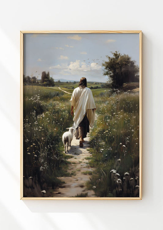 Affiche chrétienne jésus et l'agneau au milieu d'un champ dans un cadre en bois
