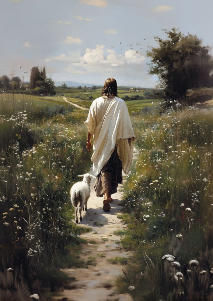 Poster chrétien représentant jesus et un agneau marchant dans un champ fleuri 