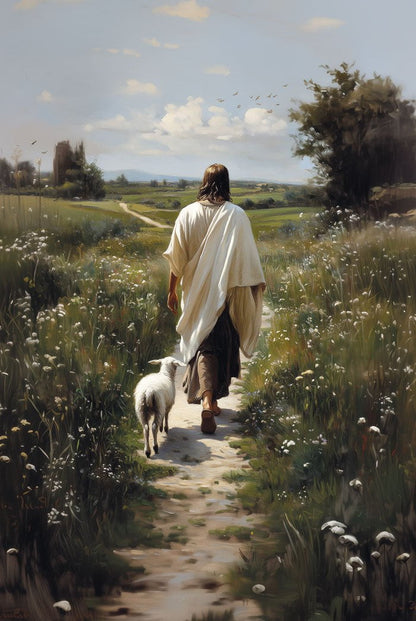 Poster chrétien le seigneur marchant avec son agneau dans un champ en format 20x30 cm