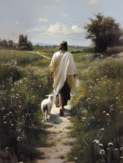 Poster religion de jesus vu de dos et l'agneau dans un champ en format 30x40 cm