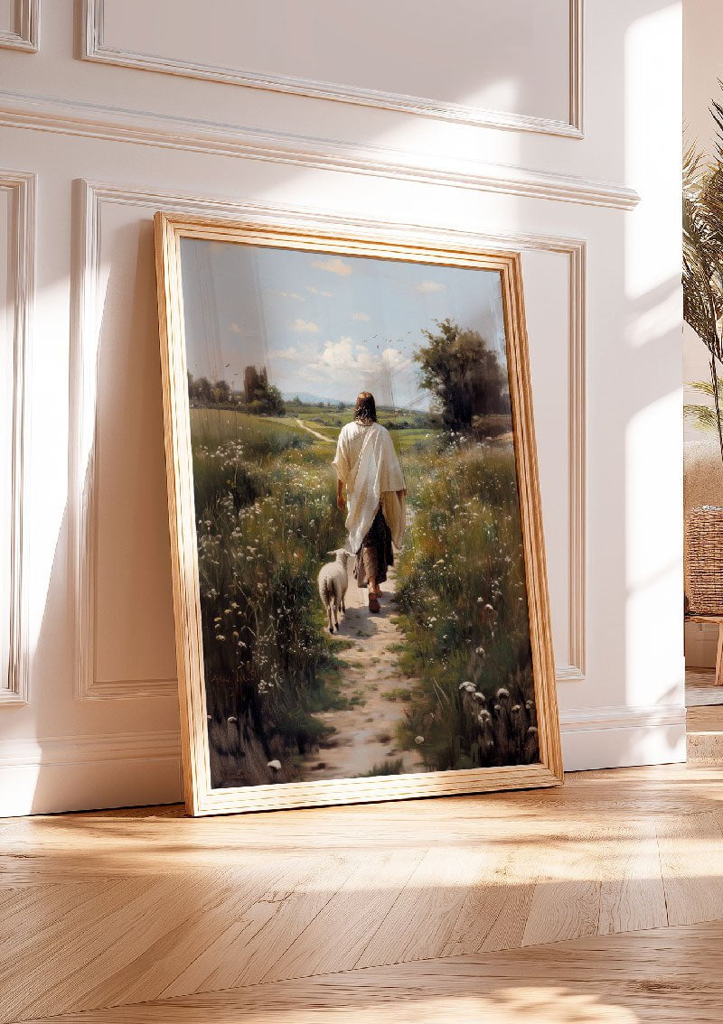 affiche chrétienne de jésus et son agneau encadré et posé au sol