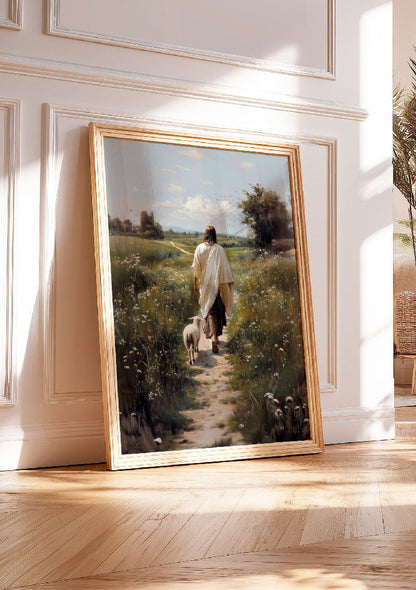 affiche chrétienne de jésus et son agneau encadré et posé au sol