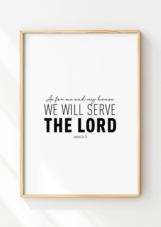 Affiche chrétienne illustrée en anglais du verset Joshua 24:15, mis en valeur dans un cadre