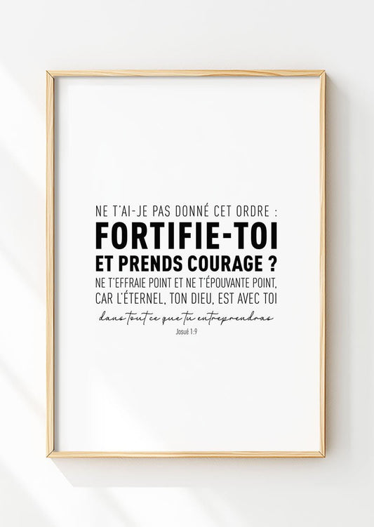 Mise en valeur par un cadre en bois de l'affiche chrétienne du verset Josue 1:9