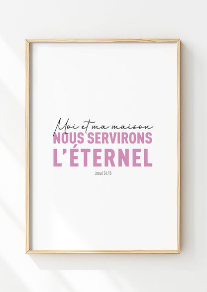 Affiche chrétienne Josué 24:15 en typographie rose et noir dans un cadre