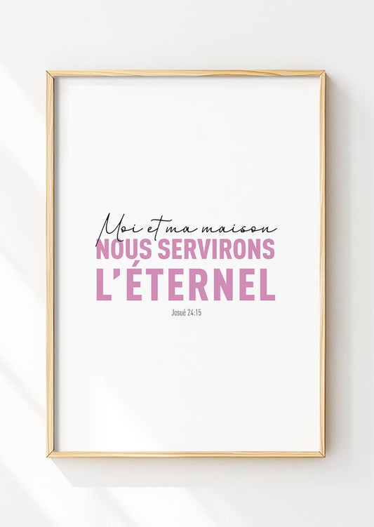 Affiche chrétienne Josué 24:15 en typographie rose et noir dans un cadre