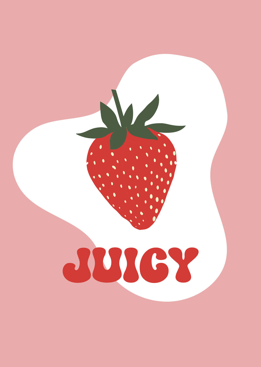 Affiche fruit pop d'une fraise sur fond rose et blanc, avec le titre "juicy". 