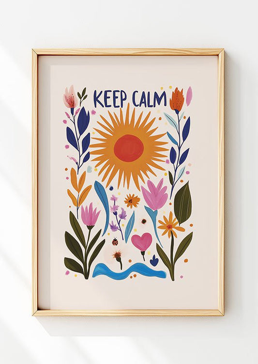 Affiche folk art "keep calm" montrant un soleil orange avec des fleurs dans un cadre en bois