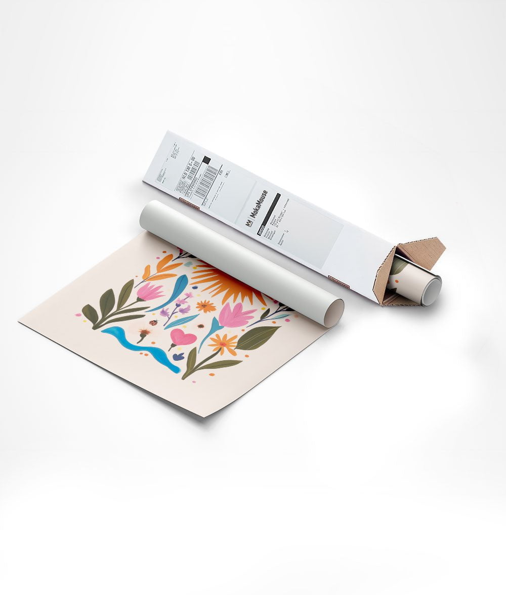 Poster avec typographie "keep calm" soleil et fleurs dans un carton triangulaire