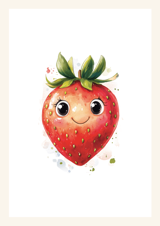 Affiche pour chambre bébé d'une fraise souriante, à l'aquarelle sur fond blanc.