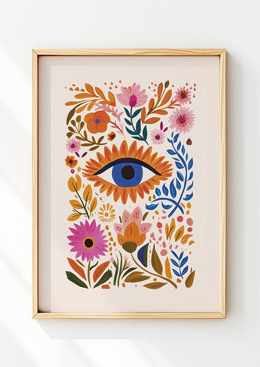 Affiche folk art dans un cadre en bois, montrant un œil bleu entourée de fleurs sur fond crème