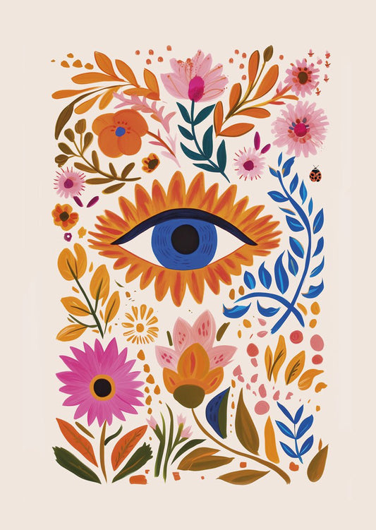 Affiche folk art montrant un œil bleu entourée de fleurs dans les teintes oranges