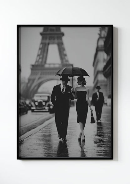affiche photographie noir et blanc d'un couple se baladant dans paris dans un cadre noir